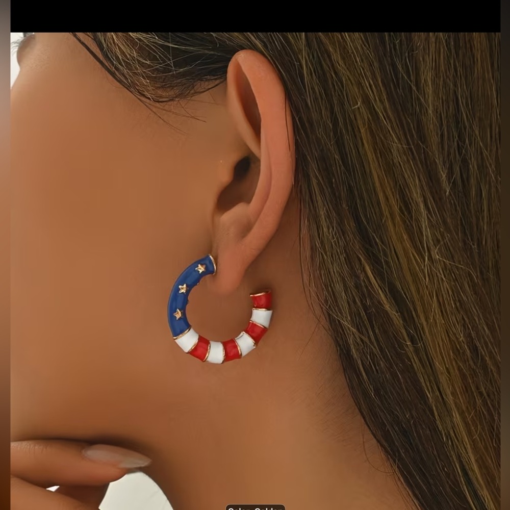 Patriotic Red White Blue Star Hoop Earrings - Picture 3 of 7